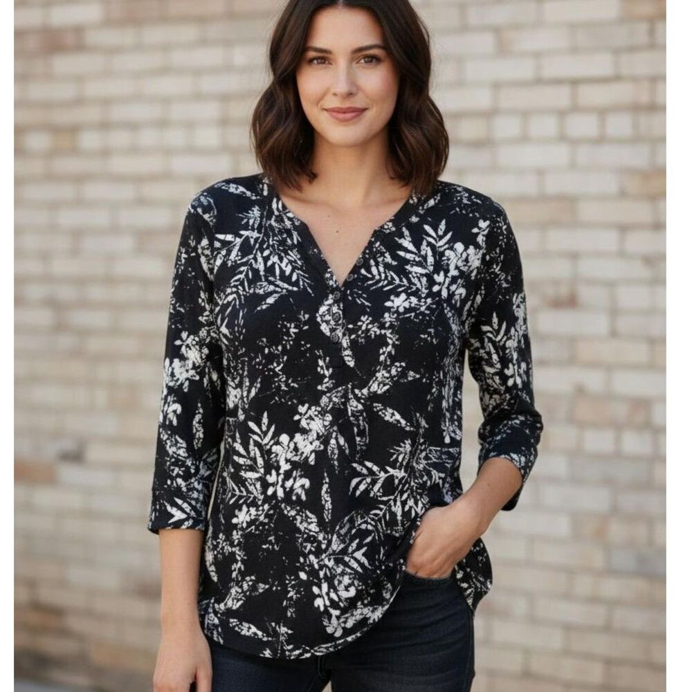 Women's Relativity Henley Top Black White Floral Leaf Stretch Size S Loose Fit